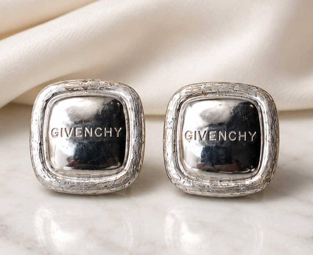 Vintage Givenchy Silver Tone Logo Clip On Earrings Brushed Modernist Designer
